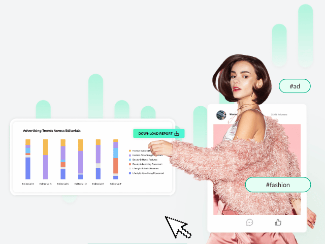 model surrounded by charts