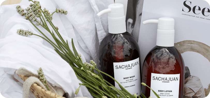 lotion bottles and flowers