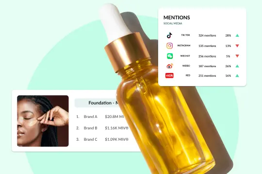 beauty serum surrounded by launchmetrics media monitoring software screens
