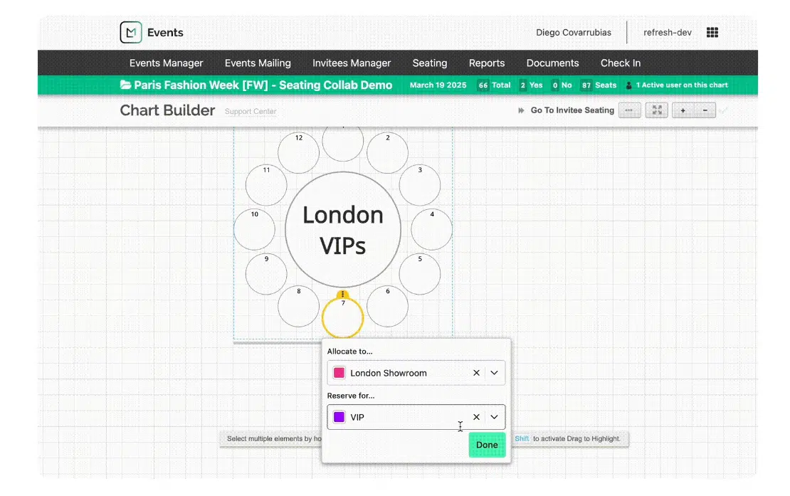 software screen showing collaboration on event seating charts