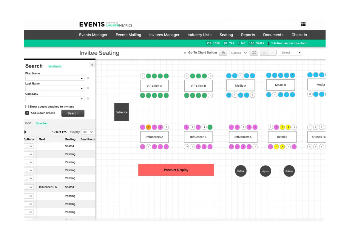Launchmetrics Event seating chart view of multiple tables and seats for an event. 