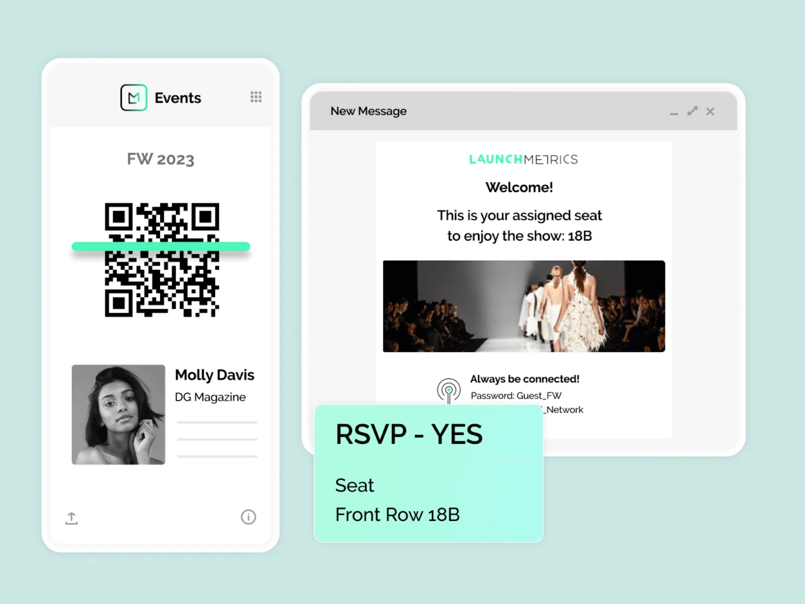 Launchmetrics' Events platform in a mobile phone with a QR code that scans an attendees invitation and an email containing an invitation, accompanied by a RSVP box that says "YES".