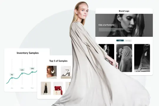 fashion model surrounded by charts and graphs