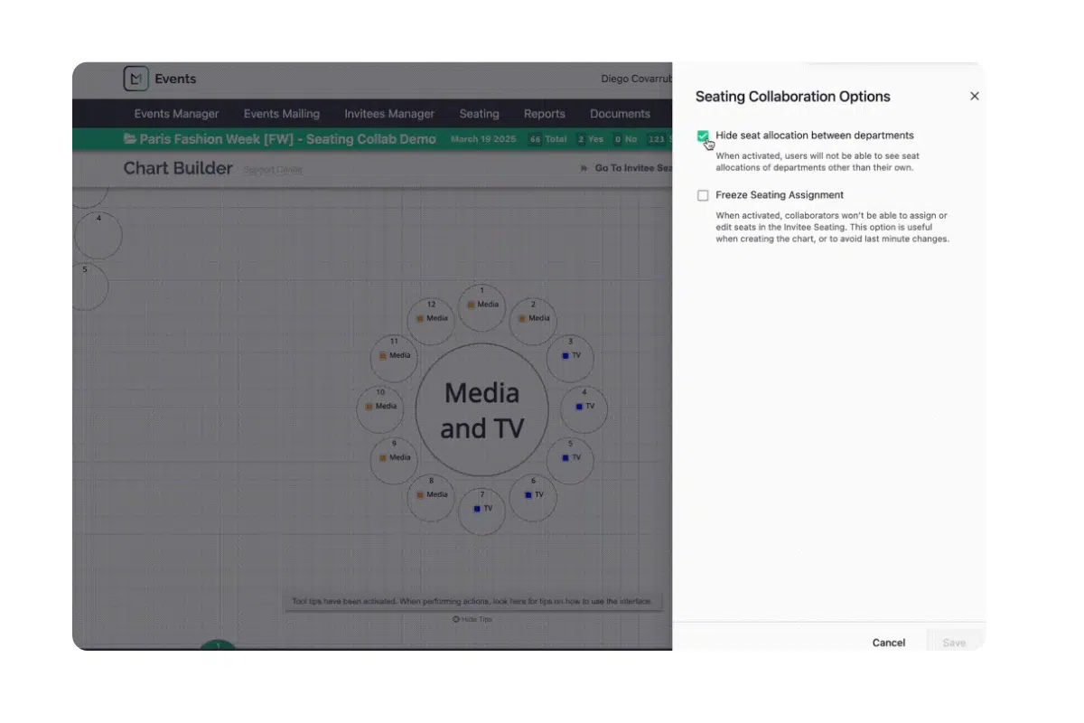 software screen showing check mark for seating collaboration options