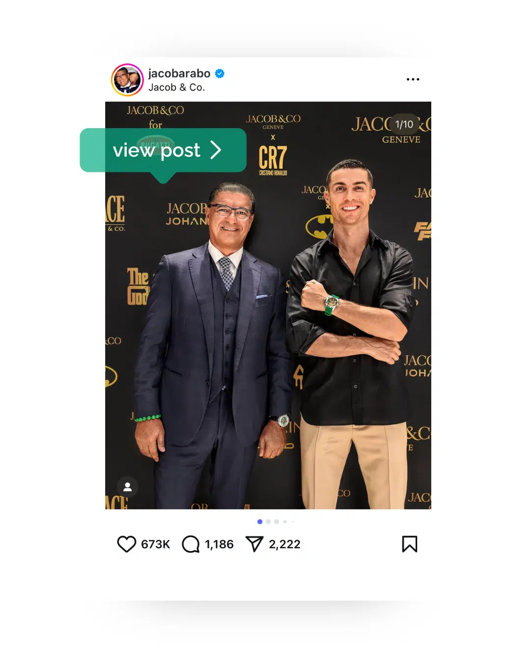 An Instagram image of Jacob Arabo standing next to Cristiano Ronaldo as Ronaldo sports a green Jacob & Co watch. 